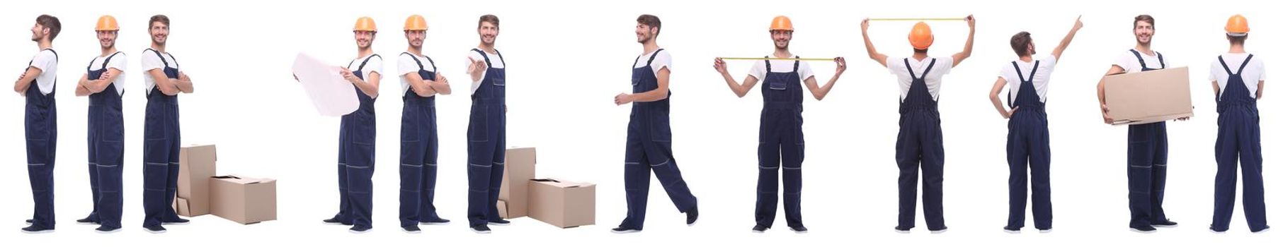 panoramic collage of male handyman isolated on white background.