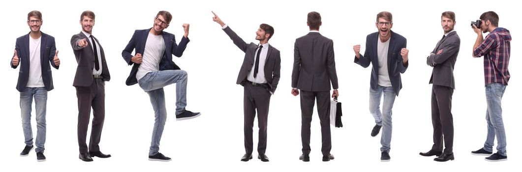 panoramic collage of self-motivated young man .isolated on white background