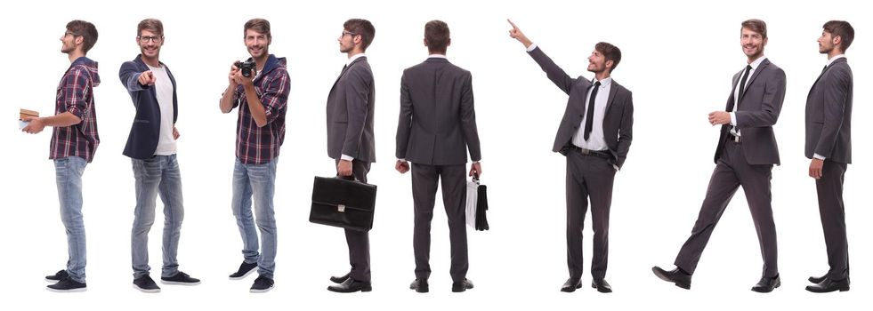 panoramic collage of self-motivated young man .isolated on white background