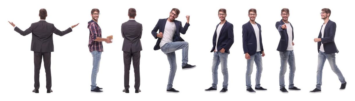 panoramic collage of self-motivated young man .isolated on white background