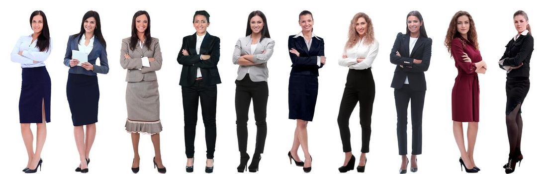 Collection of full-length portraits of young business women isolated on white background