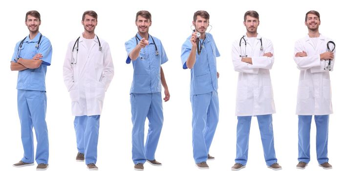 group of medical doctors standing in a row . isolated on white background