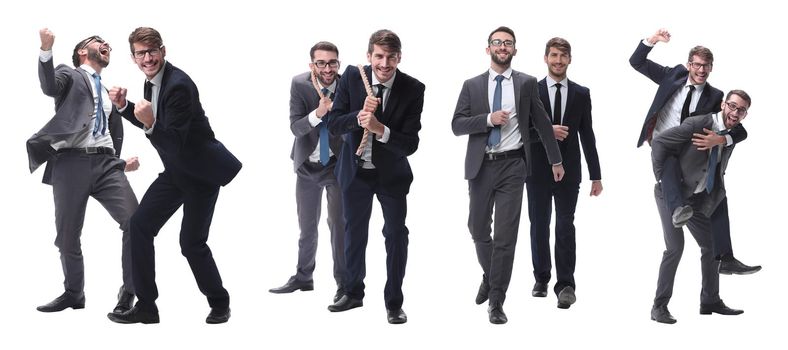 smiling businessman sitting on the back of his colleague . isolated on white background.