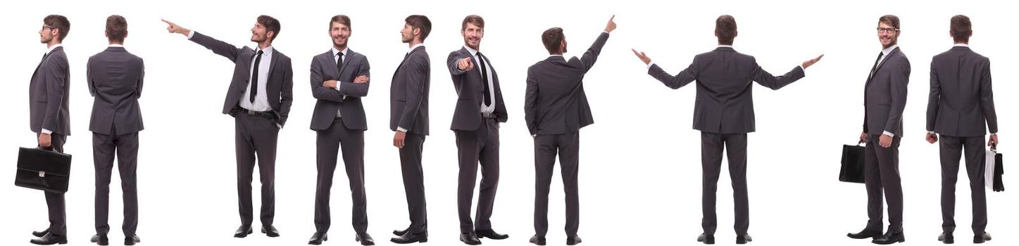 panoramic collage of various photos of a young businessman. isolated on white background.