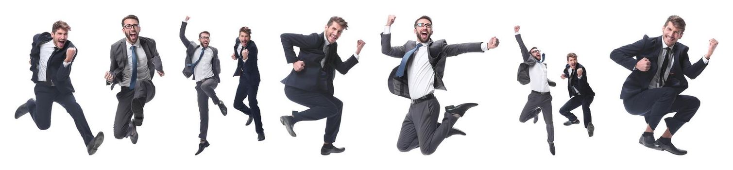 in full growth. two cheerful dancing business people. isolated on white background.