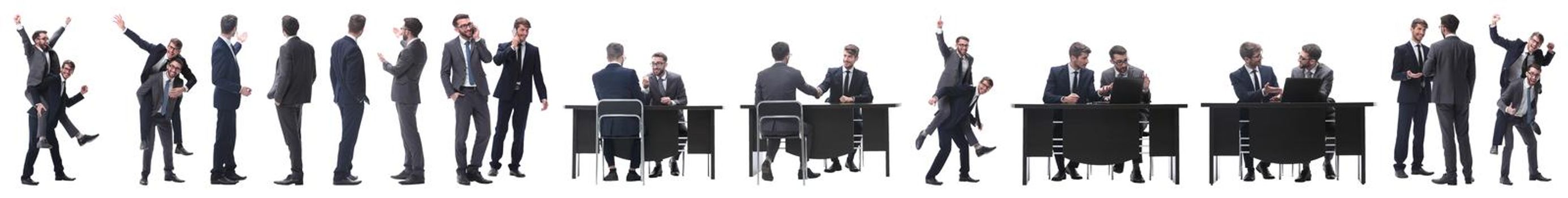 in full growth. two business people discussing something. isolated on white background