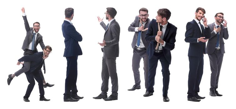 smiling businessman sitting on the back of his colleague . isolated on white background.