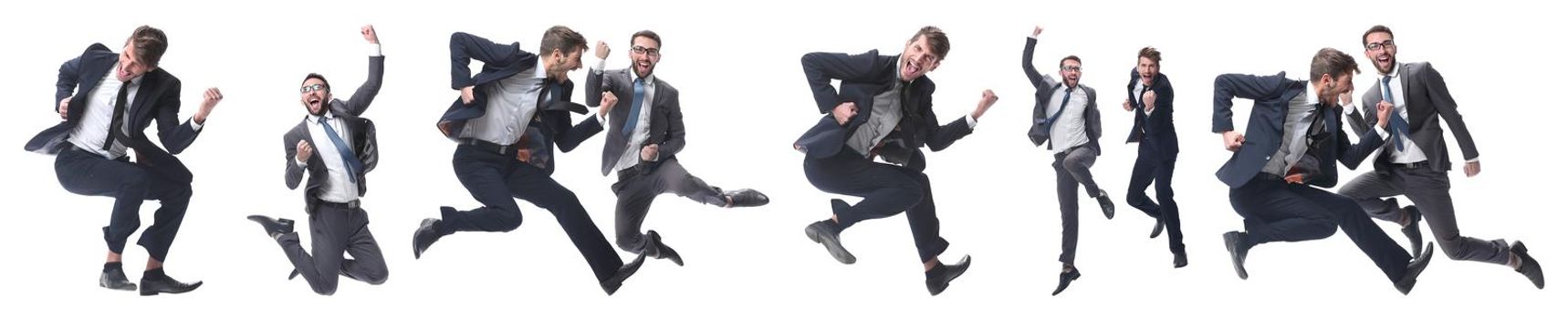 in full growth. two cheerful dancing business people. isolated on white background.