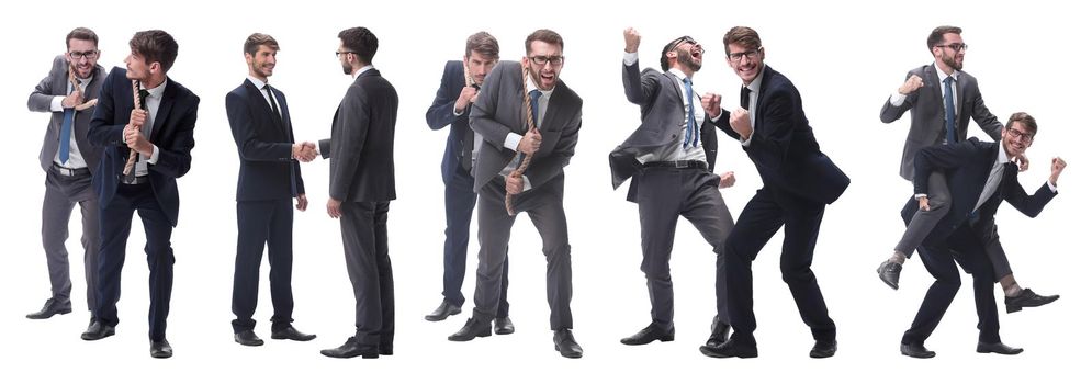 smiling businessman sitting on the back of his colleague . isolated on white background.