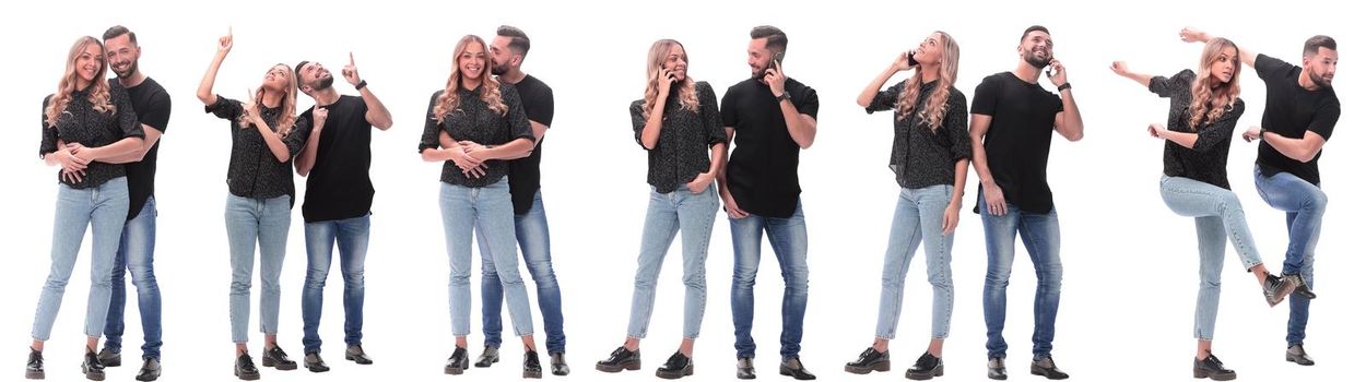 collage of photos of a couple of happy young people . isolated on a white background