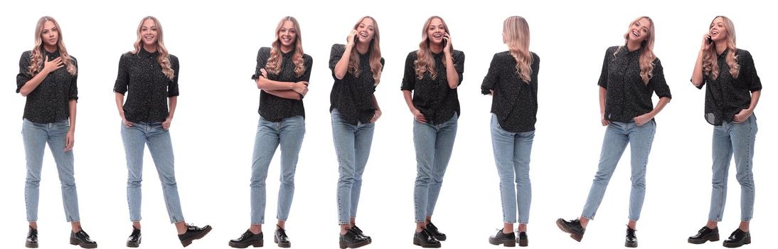 photo collage of a modern young woman with a smartphone. isolated on a white background