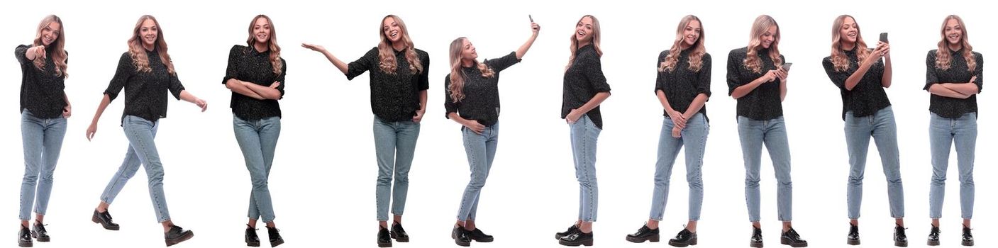 photo collage of a modern young woman with a smartphone. isolated on a white background