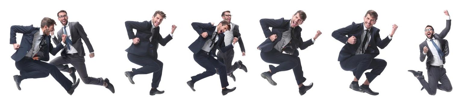 in full growth. two cheerful dancing business people. isolated on white background.