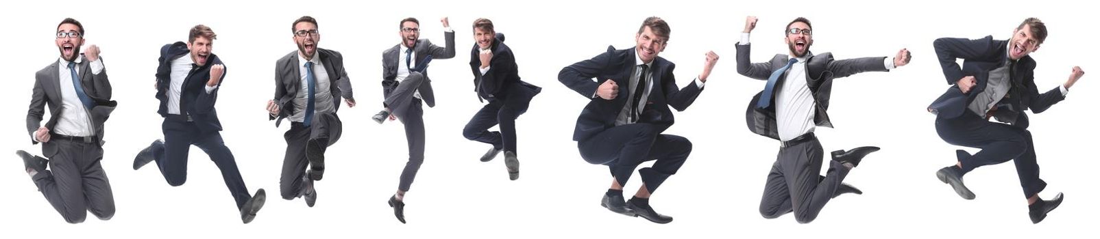 in full growth. two cheerful dancing business people. isolated on white background.