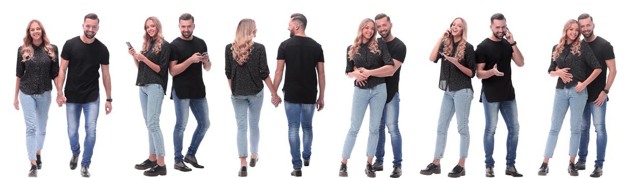 collage of photos of a couple of happy young people . isolated on a white background