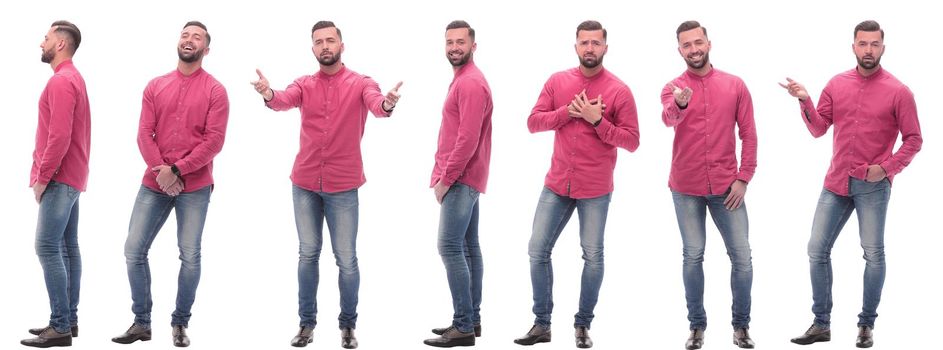 collage of photos of a modern man in a red shirt. isolated on a white background