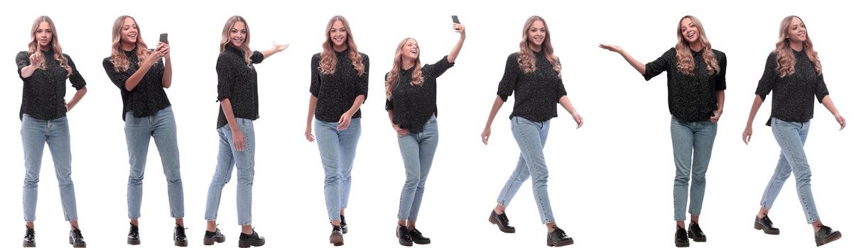 photo collage of a modern young woman with a smartphone. isolated on a white background