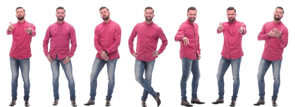 collage of photos of a modern man in a red shirt. isolated on a white background