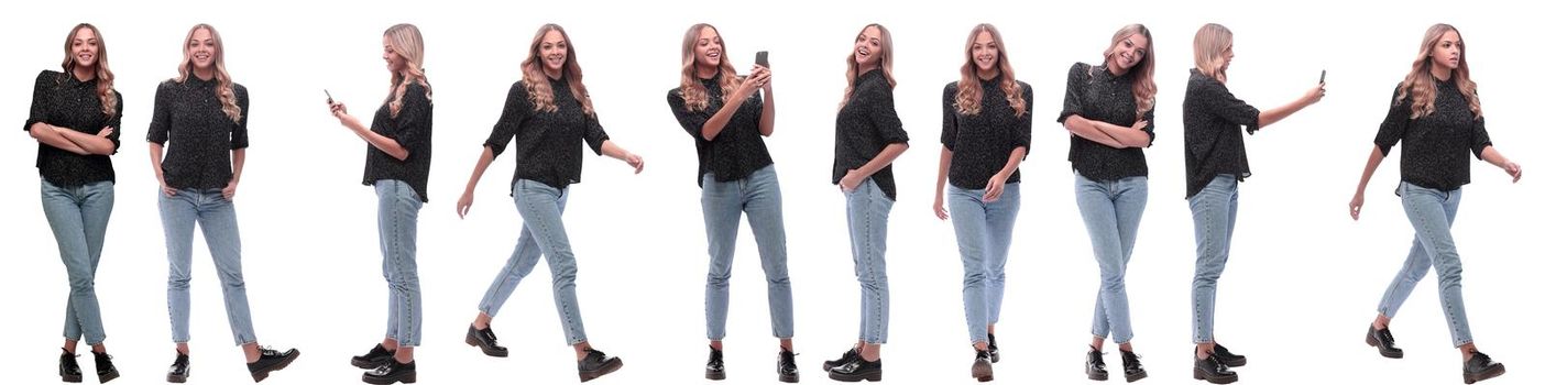 photo collage of a modern young woman with a smartphone. isolated on a white background