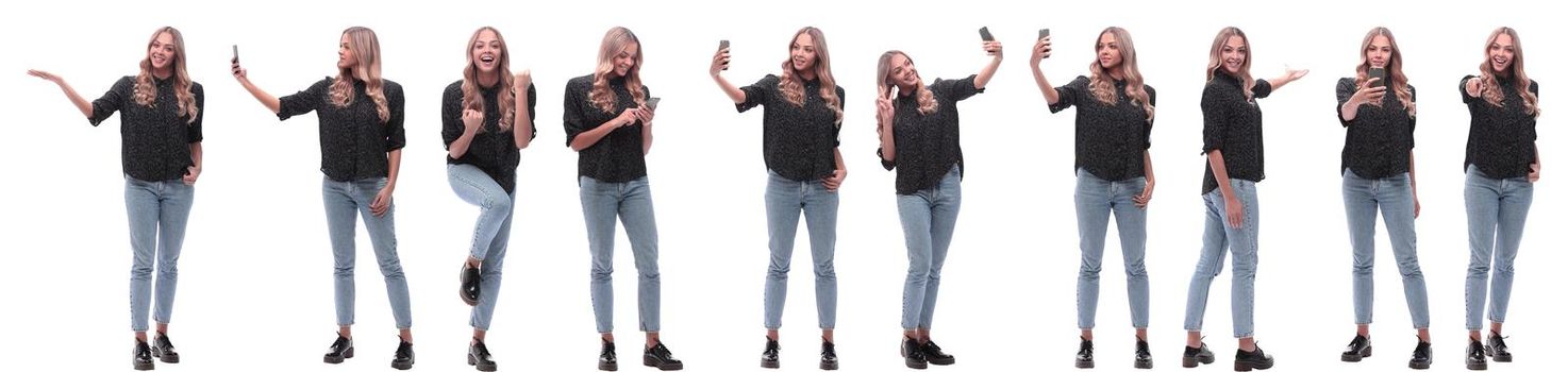 photo collage of a modern young woman with a smartphone. isolated on a white background