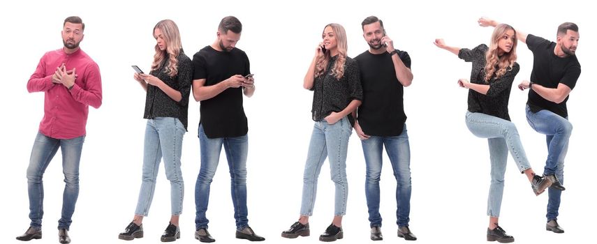 collage of photos of a young man and woman in jeans. isolated on a white background