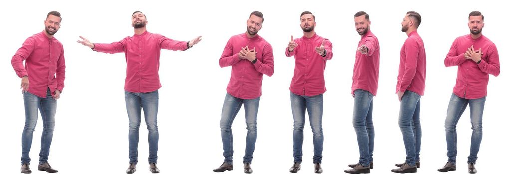 collage of photos of a modern man in a red shirt. isolated on a white background