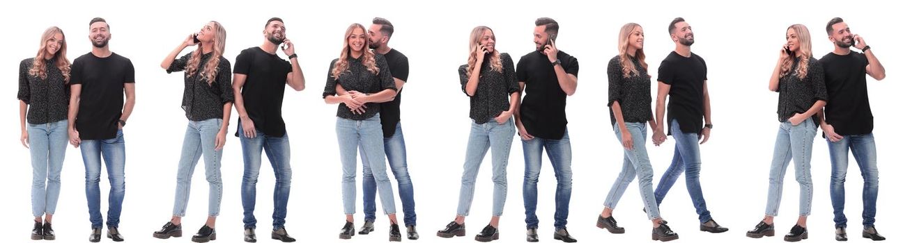 collage of photos of a couple of happy young people . isolated on a white background