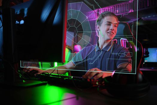 Professional photo of young male caucasian cyber sportsman in gaming club training for important match.. laser screen, projector, augmented reality, AR, VR