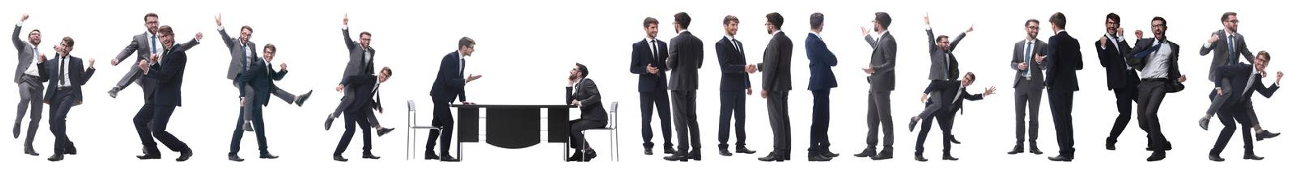 in full growth. two business people discussing something. isolated on white background