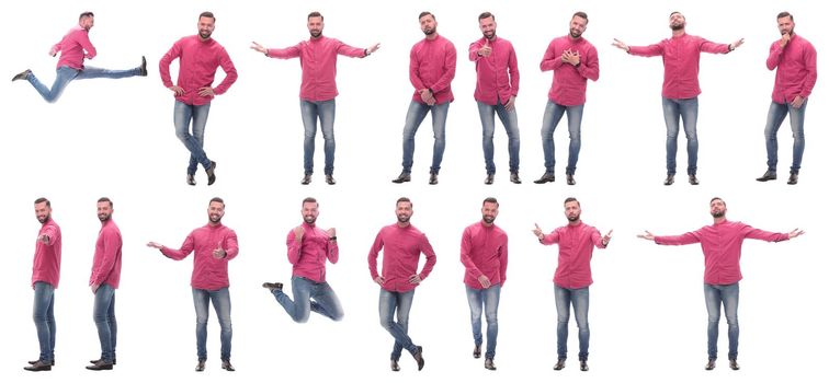 collage of photos of an emotional man in a red shirt. isolated on a white background