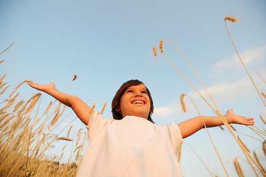 Kid at wheat field with open arms