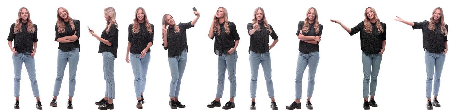 photo collage of a modern young woman with a smartphone. isolated on a white background