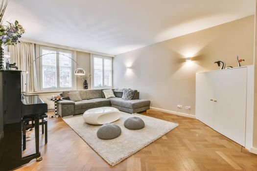 Comfortable sofa and armchair placed on soft carpet near windows in cozy light living room in modern flat