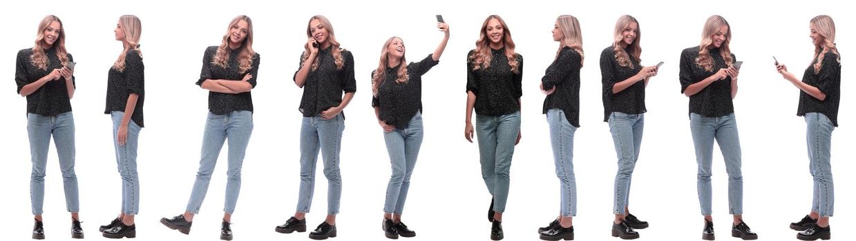 photo collage of a modern young woman with a smartphone. isolated on a white background