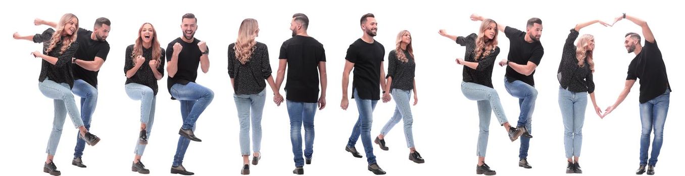 collage of photos of a couple of happy young people . isolated on a white background