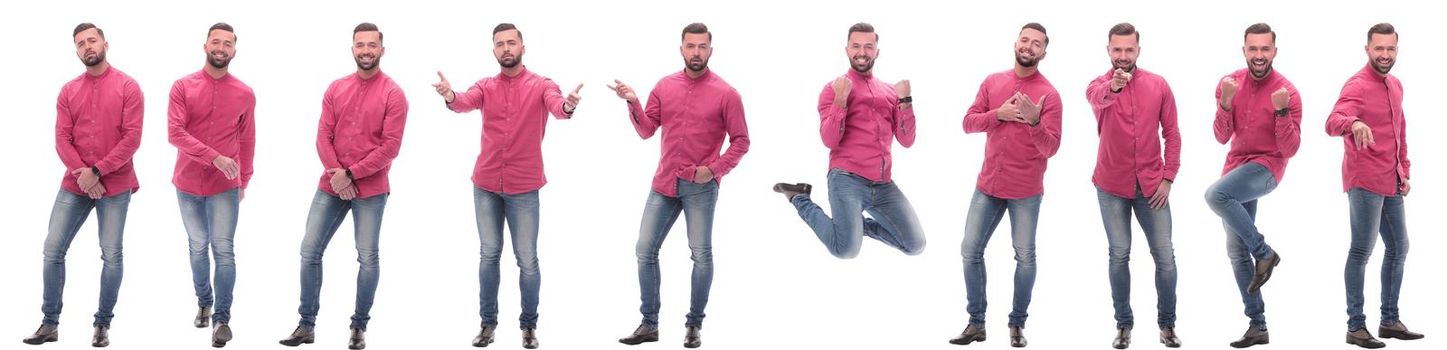 collage of photos of a handsome man in a red shirt. isolated on a white background