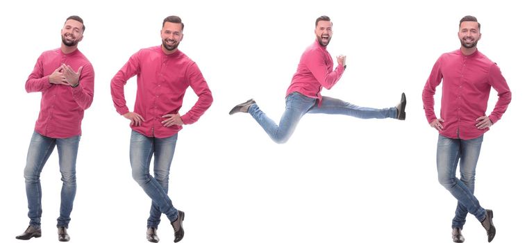 collage of photos of a fashionable man in jeans. isolated on a white background