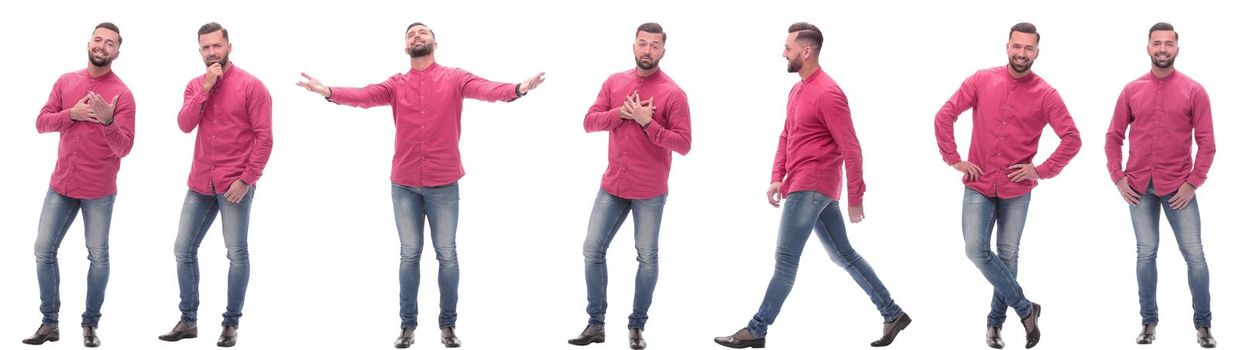 collage of photos of a modern man in a red shirt. isolated on a white background