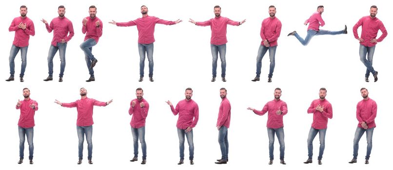 collage of photos of an emotional man in a red shirt. isolated on a white background