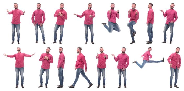 collage of photos of an emotional man in a red shirt. isolated on a white background