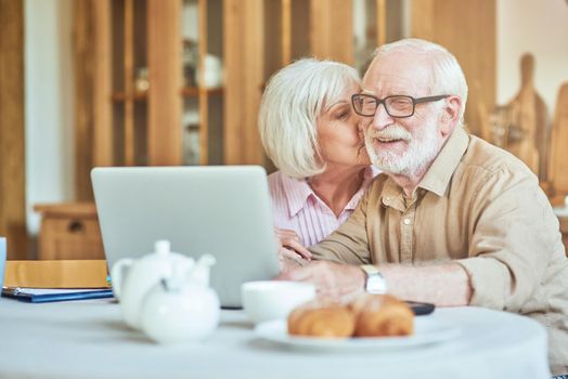 Happy senior spouses sitting at the kitchen and working with laptop together. Domestic lifestyle concept