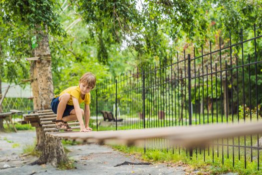 Little boy in a rope park. Active physical recreation of the child in the fresh air in the park. Training for children.