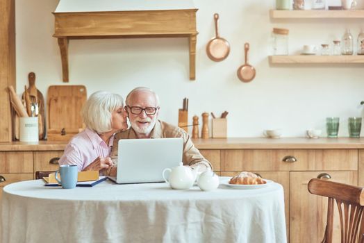 Elderly couple with documents using laptop and smiling while working at the kitchen at home. Domestic lifestyle concept