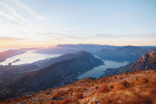 Beautiful sunset over the mountains around the Kotor Bay. Mount Lovcen. High quality photo