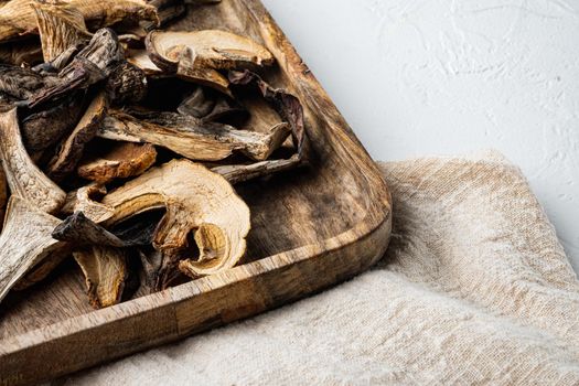 Set of dried mushrooms set, on white background , with space for text copyspace