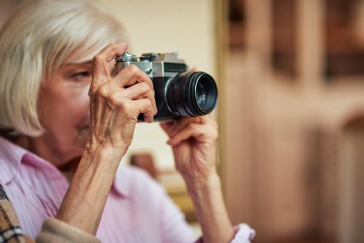 Close up of gray-haired senior woman holding camera and going to make photo. Lifestyle concept. Copy space