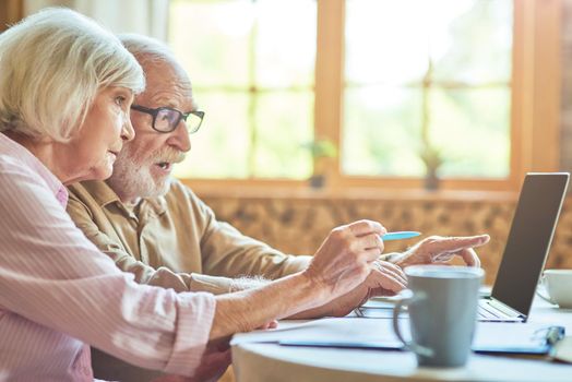 Side view of senior surprised couple pointing their fingers at laptop screen with window on the background. Copy space. Family and household concept