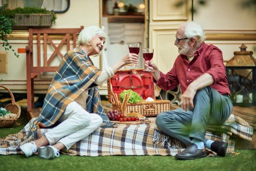 Happy elderly couple resting on the porch of their camper van with food and wine. Travel concept