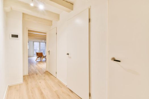 Luxurious bright corridor with many doors with parquet floor