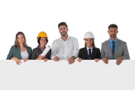 Group of architects and business people construction industry workers presenting empty banner with copy space isolated on white background